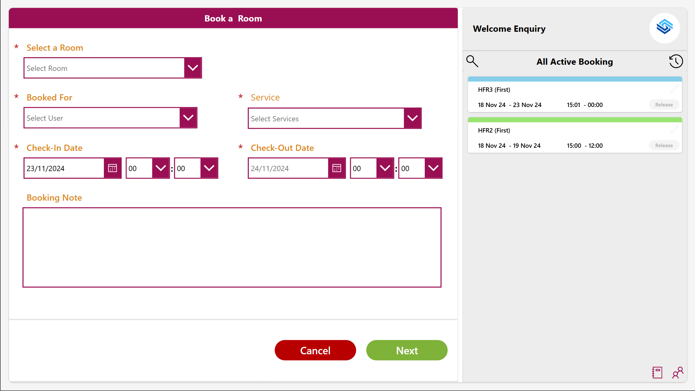 Room Booking Form Interface